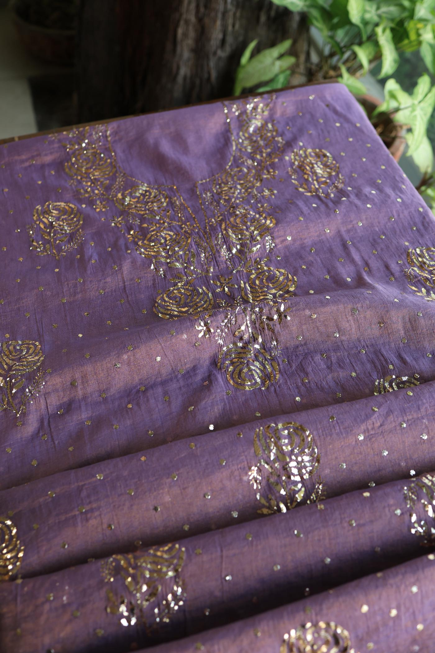 Plum Purple Roheen Tissue Silk Mukaish Badla Fabric