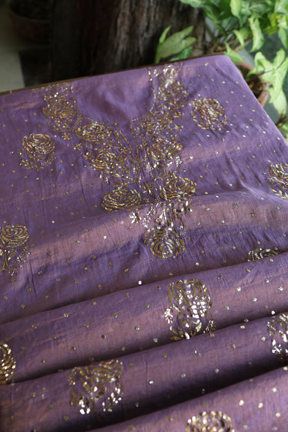 Plum Purple Roheen Tissue Silk Mukaish Badla Fabric