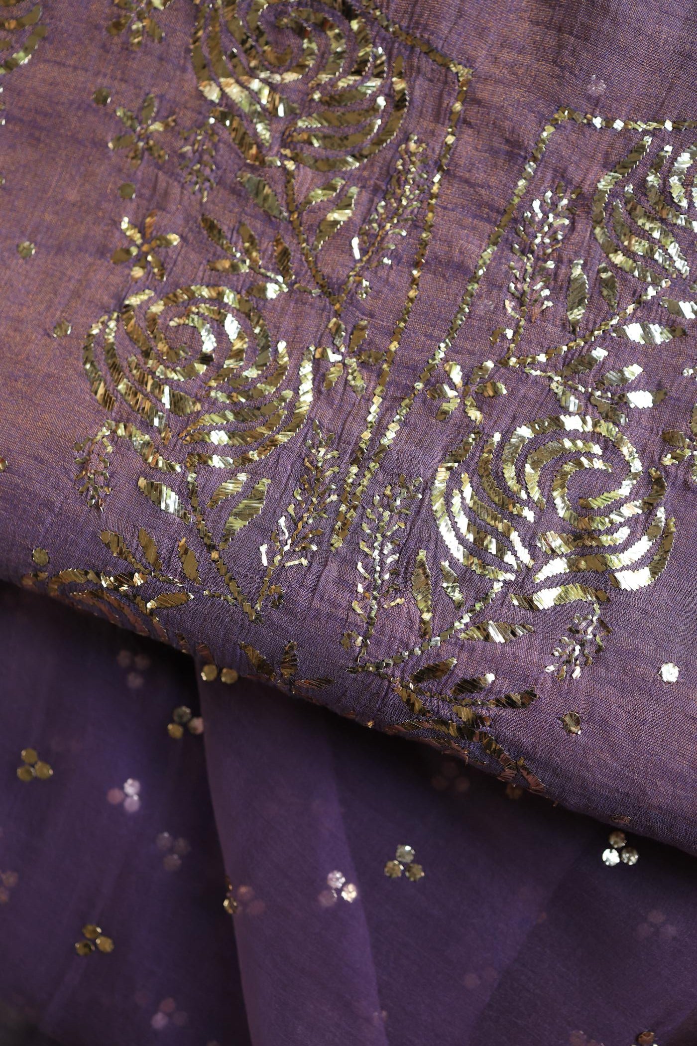 Plum Purple Roheen Tissue Silk Mukaish Badla Fabric