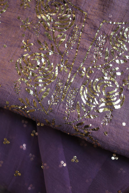 Plum Purple Roheen Tissue Silk Mukaish Badla Fabric