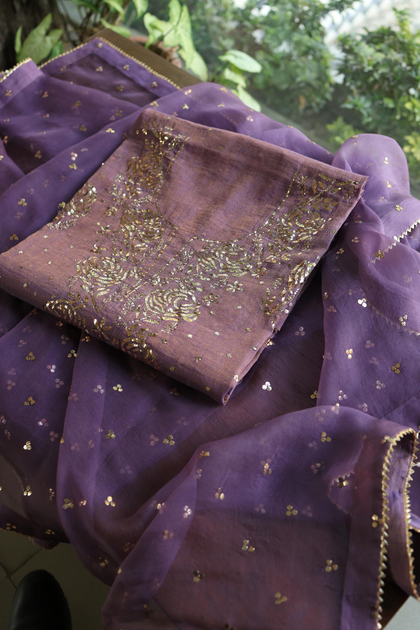 Plum Purple Roheen Tissue Silk Mukaish Badla Fabric