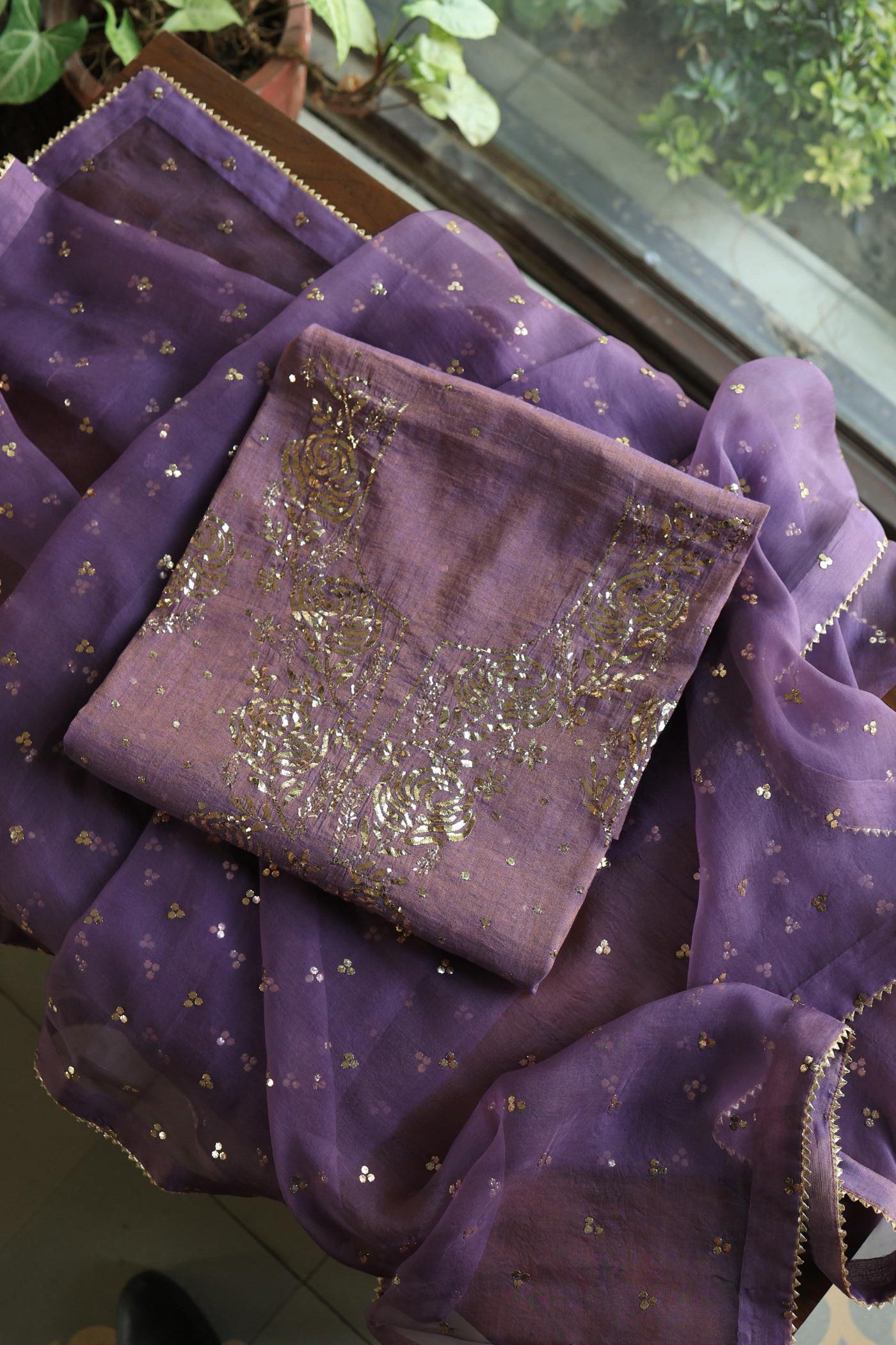 Plum Purple Roheen Tissue Silk Mukaish Badla Fabric
