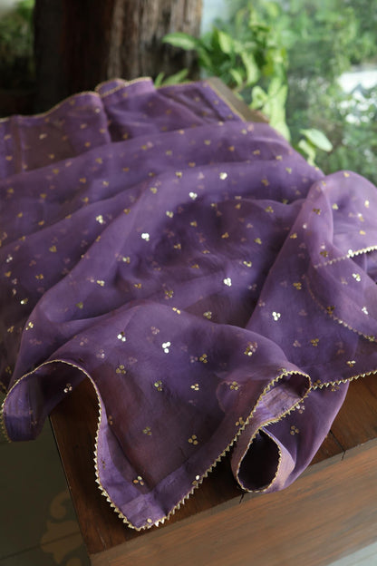 Plum Purple Roheen Tissue Silk Mukaish Badla Fabric