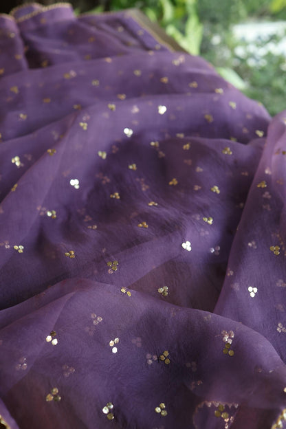 Plum Purple Roheen Tissue Silk Mukaish Badla Fabric