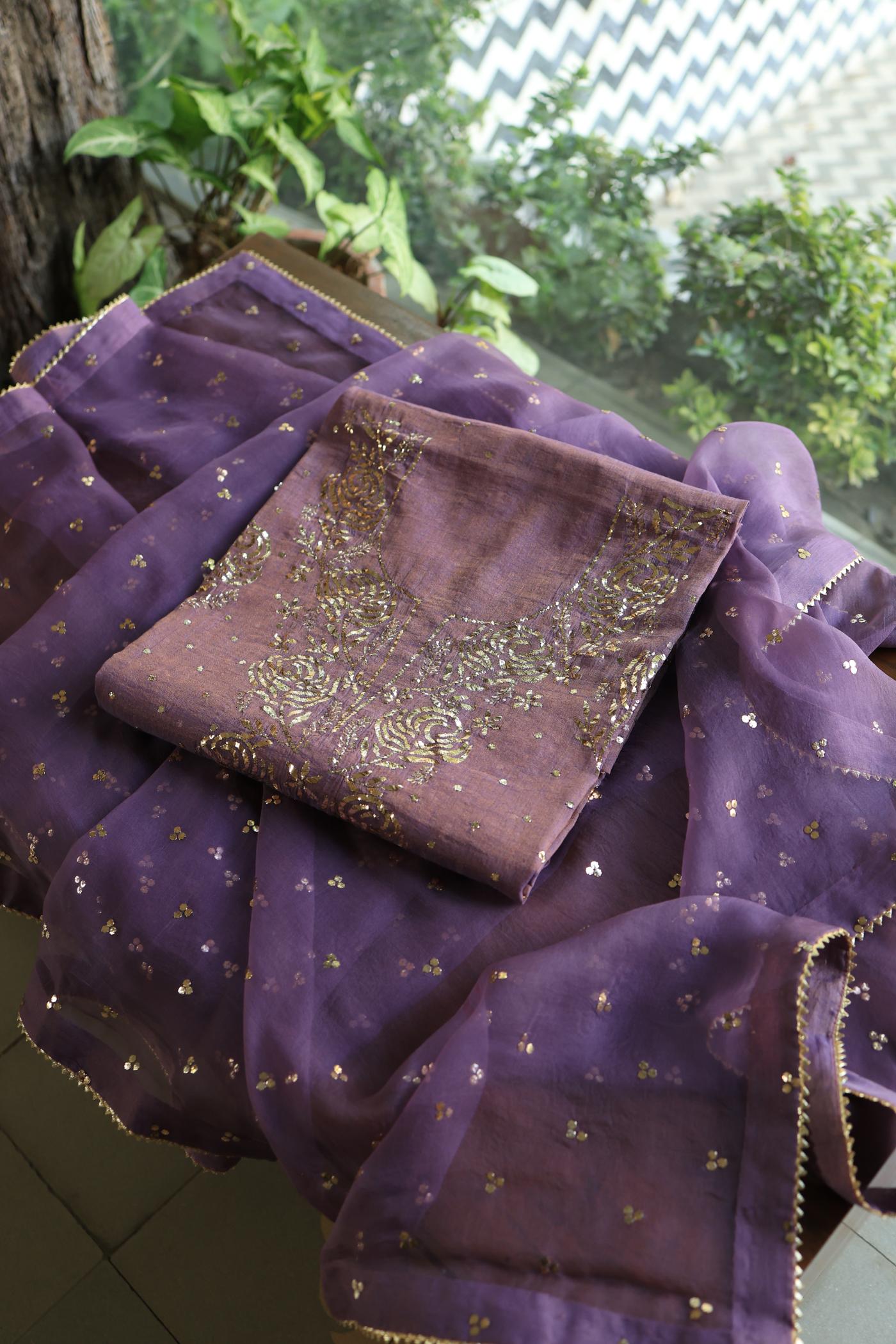 Plum Purple Roheen Tissue Silk Mukaish Badla Fabric