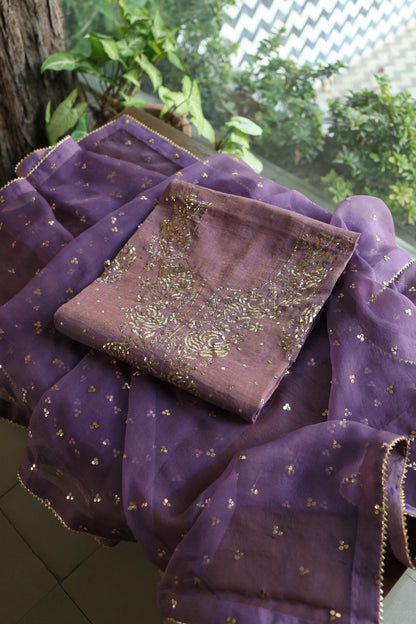 Plum Purple Roheen Tissue Silk Mukaish Badla Fabric