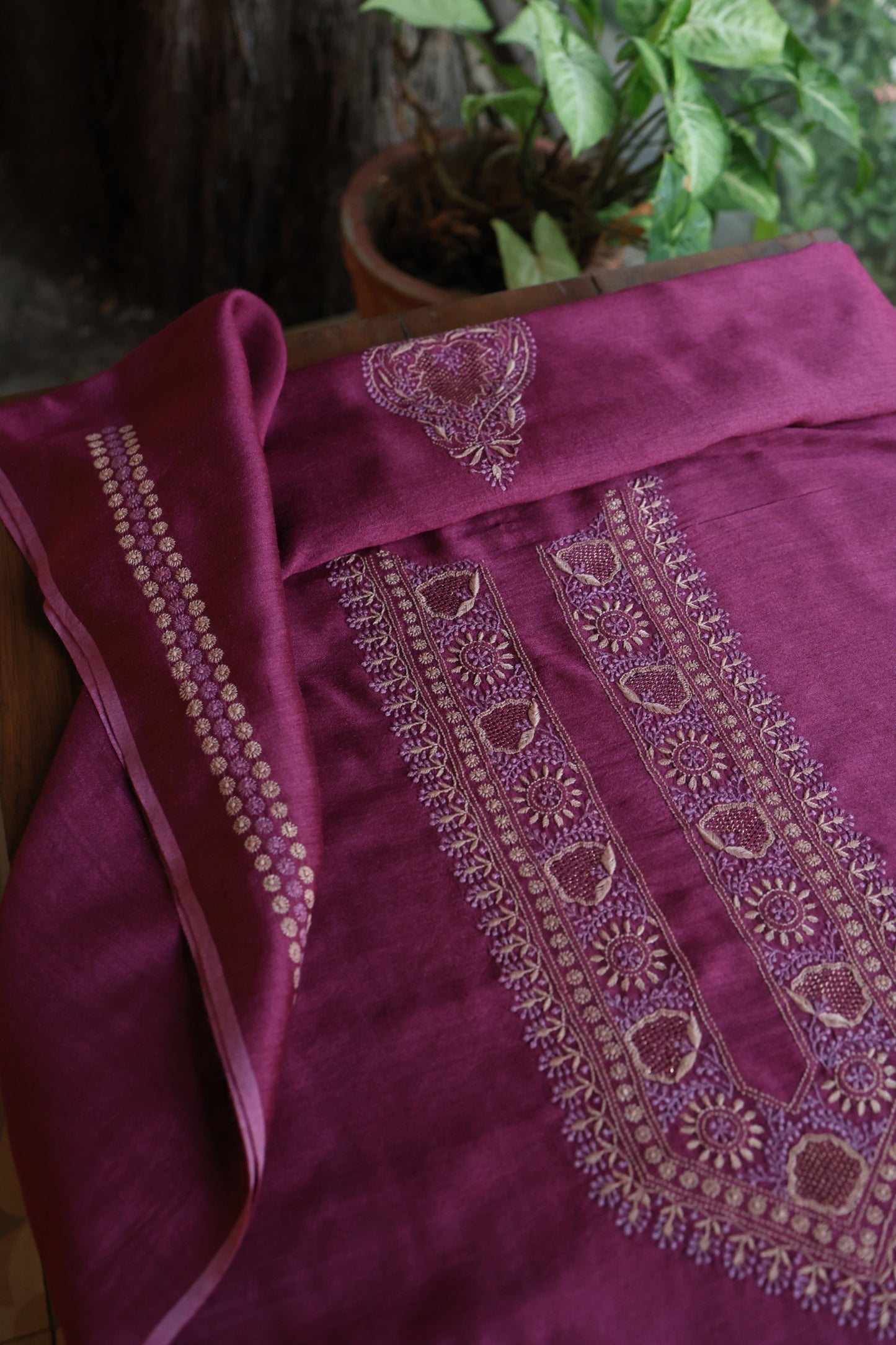Plum Purple Shade Moonga Silk Chikankari Unisex Kurta Fabrics