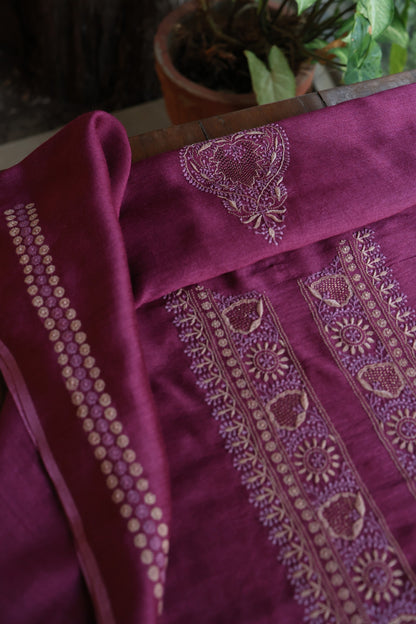 Plum Purple Shade Moonga Silk Chikankari Unisex Kurta Fabrics