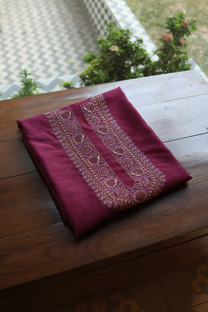 Plum Purple Shade Moonga Silk Chikankari Unisex Kurta Fabrics