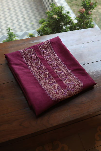 Plum Purple Shade Moonga Silk Chikankari Unisex Kurta Fabrics