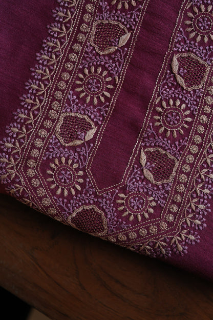 Plum Purple Shade Moonga Silk Chikankari Unisex Kurta Fabrics