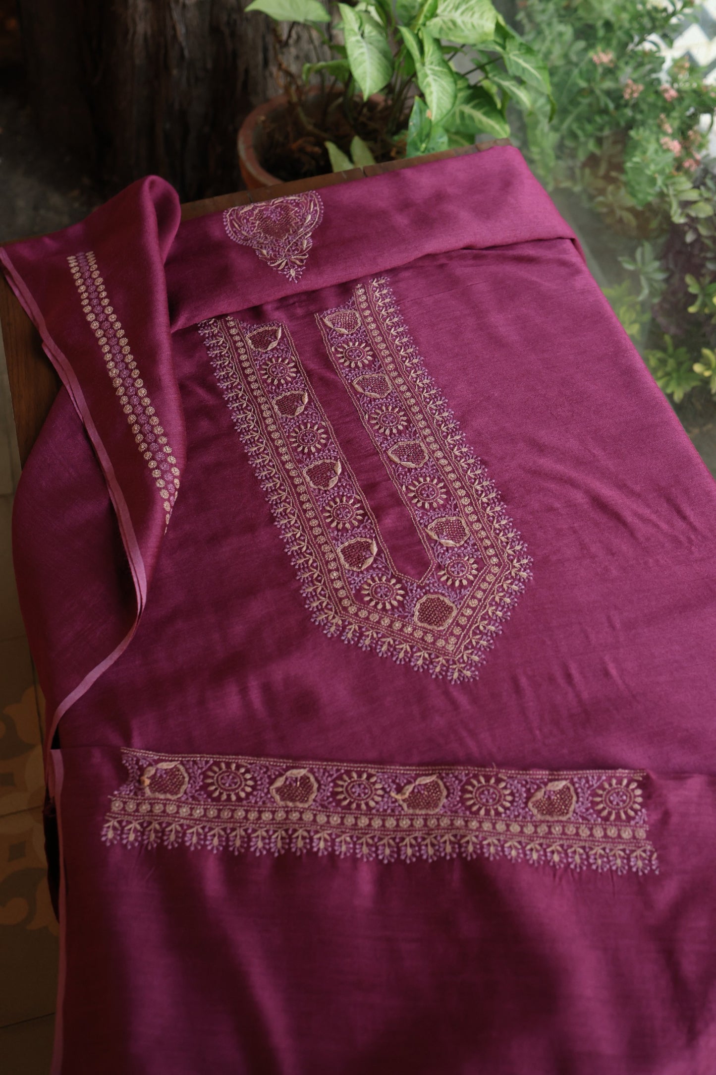 Plum Purple Shade Moonga Silk Chikankari Unisex Kurta Fabrics