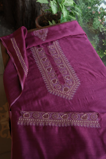 Plum Purple Shade Moonga Silk Chikankari Unisex Kurta Fabrics