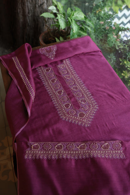 Plum Purple Shade Moonga Silk Chikankari Unisex Kurta Fabrics
