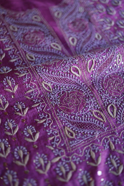 Plum Shade Tussar Silk Chikankari & Mukaish Kamdani Unstitched Kurta Dupatta Set