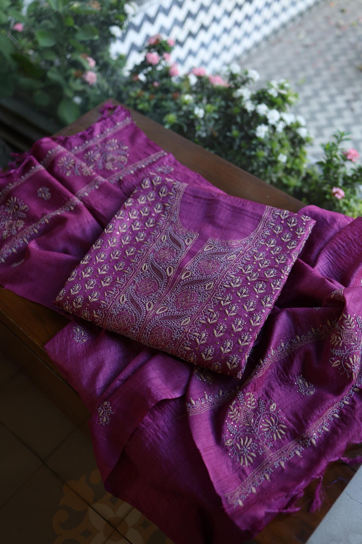 Plum Shade Tussar Silk Chikankari & Mukaish Kamdani Unstitched Kurta Dupatta Set