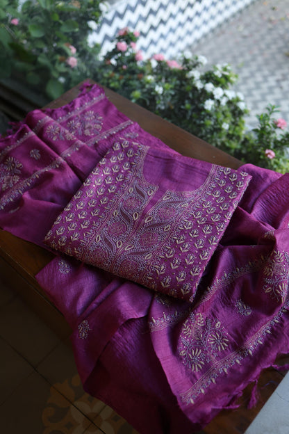 Plum Shade Tussar Silk Chikankari & Mukaish Kamdani Unstitched Kurta Dupatta Set