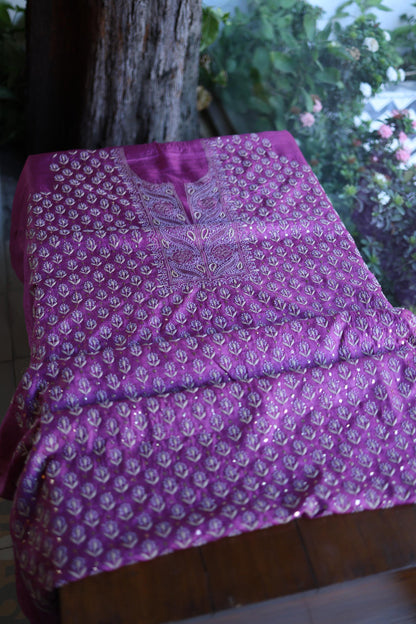 Plum Shade Tussar Silk Chikankari & Mukaish Kamdani Unstitched Kurta Dupatta Set