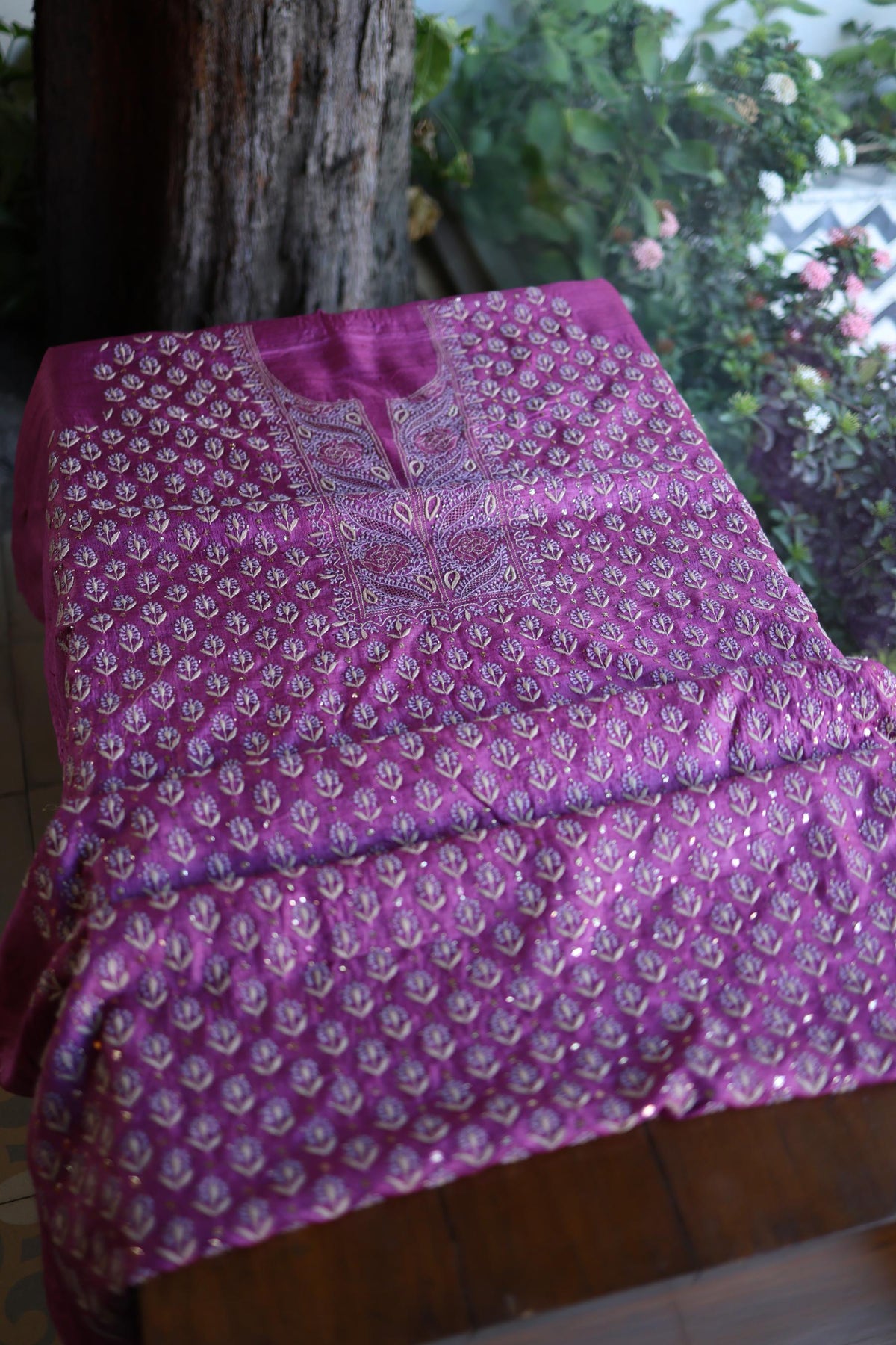 Plum Shade Tussar Silk Chikankari & Mukaish Kamdani Unstitched Kurta Dupatta Set