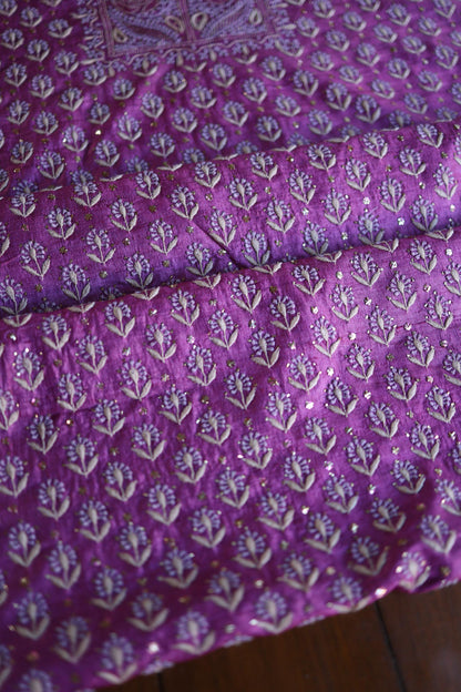 Plum Shade Tussar Silk Chikankari & Mukaish Kamdani Unstitched Kurta Dupatta Set