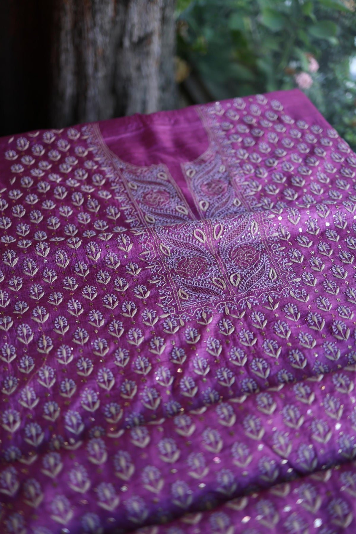 Plum Shade Tussar Silk Chikankari & Mukaish Kamdani Unstitched Kurta Dupatta Set