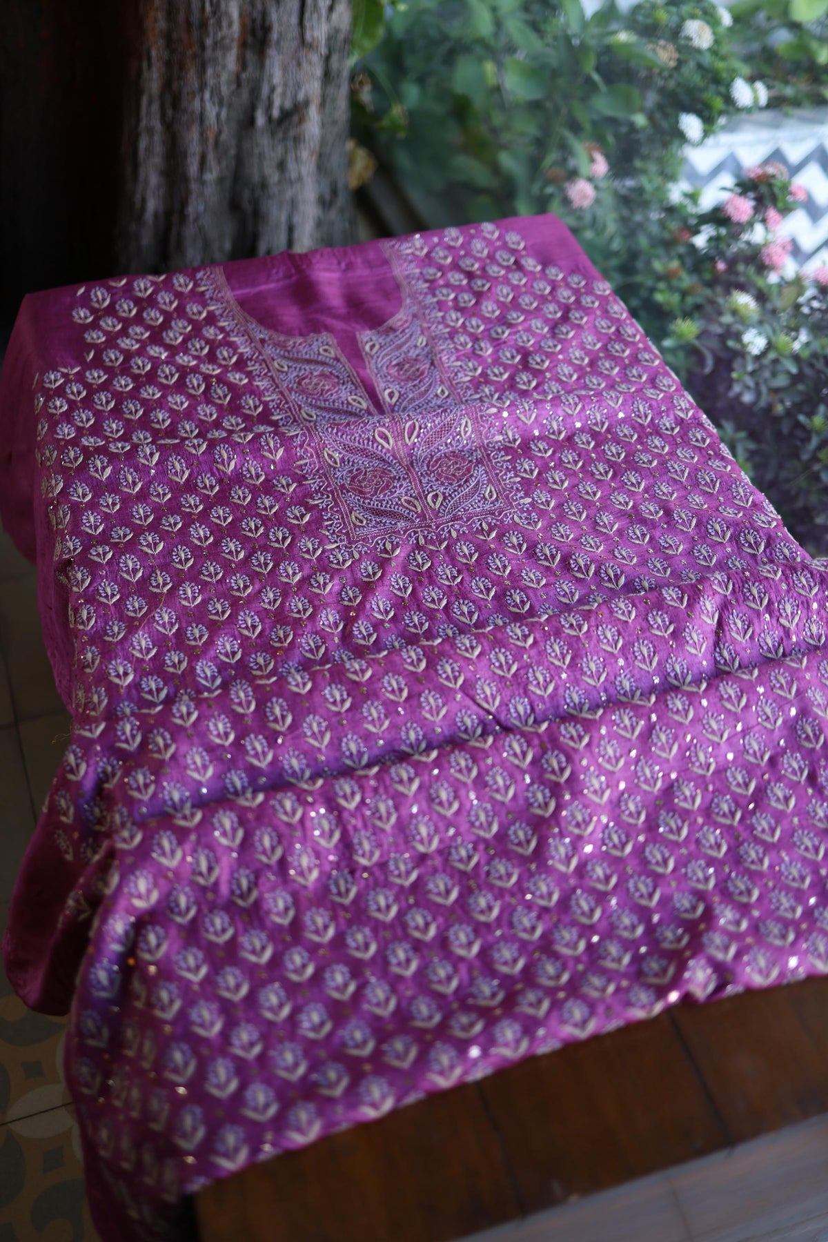 Plum Shade Tussar Silk Chikankari & Mukaish Kamdani Unstitched Kurta Dupatta Set