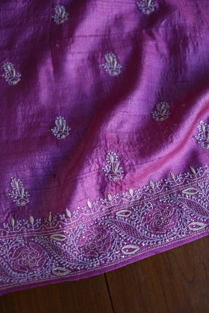 Plum Shade Tussar Silk Chikankari & Mukaish Kamdani Unstitched Kurta Dupatta Set