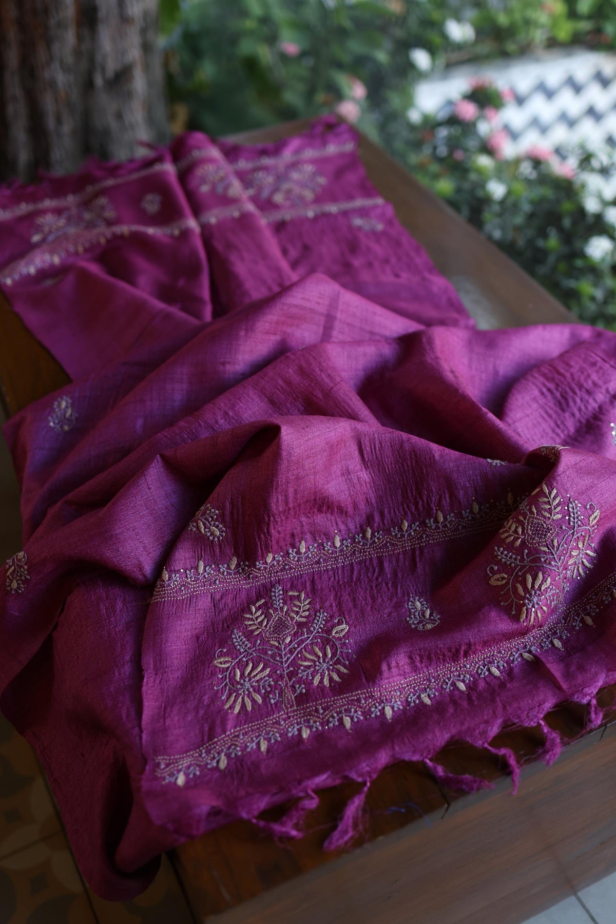 Plum Shade Tussar Silk Chikankari & Mukaish Kamdani Unstitched Kurta Dupatta Set