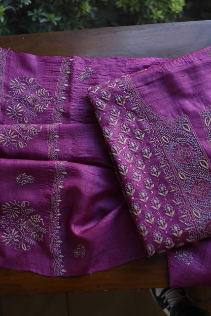 Plum Shade Tussar Silk Chikankari & Mukaish Kamdani Unstitched Kurta Dupatta Set