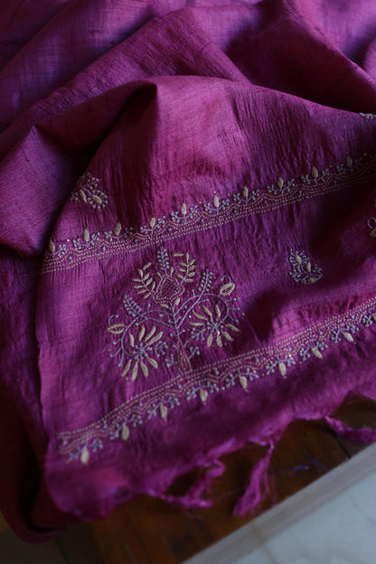 Plum Shade Tussar Silk Chikankari & Mukaish Kamdani Unstitched Kurta Dupatta Set