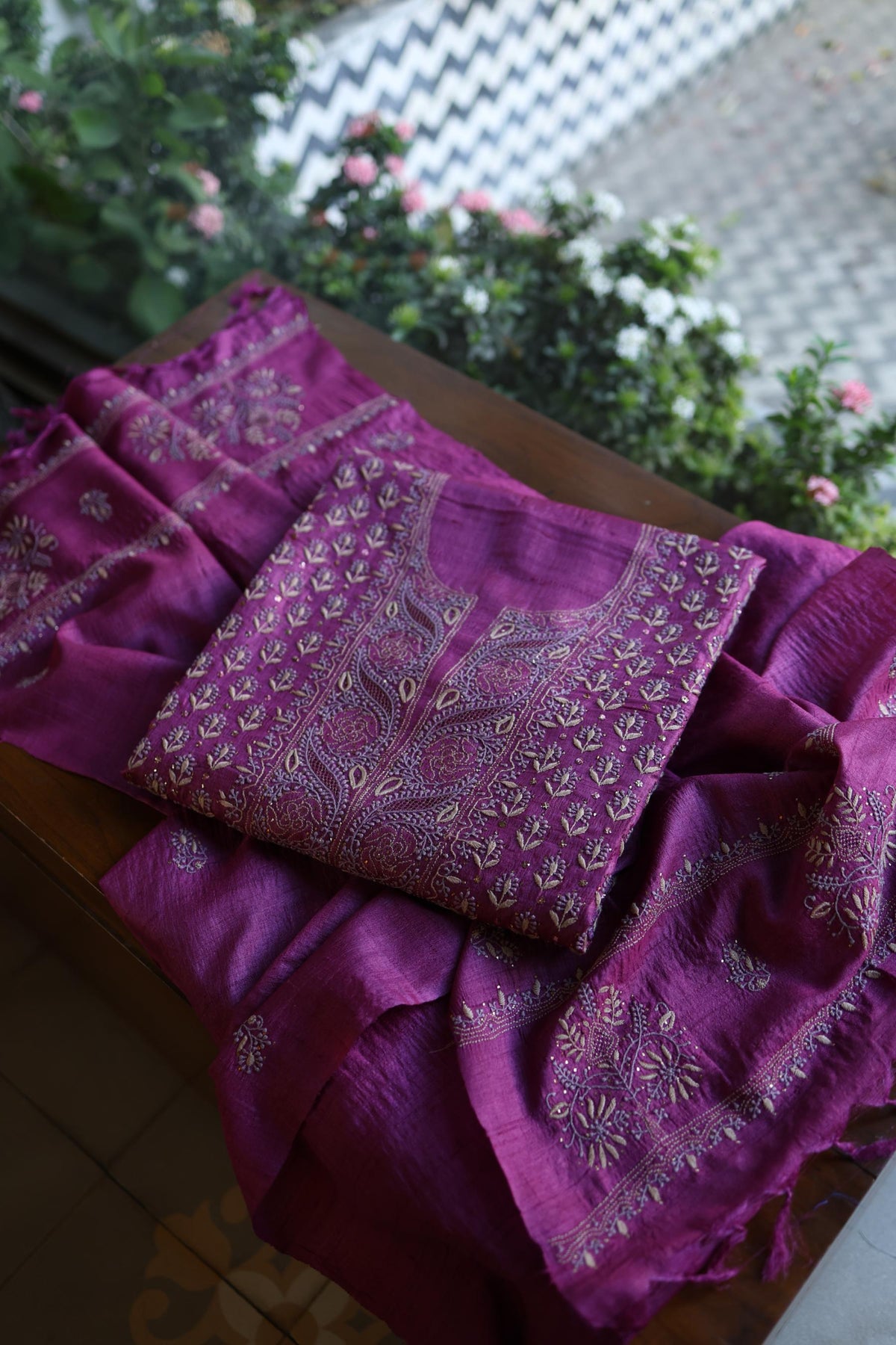Plum Shade Tussar Silk Chikankari & Mukaish Kamdani Unstitched Kurta Dupatta Set