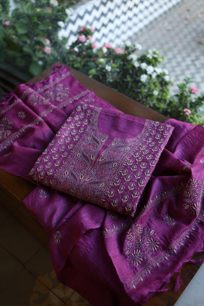 Plum Shade Tussar Silk Chikankari & Mukaish Kamdani Unstitched Kurta Dupatta Set