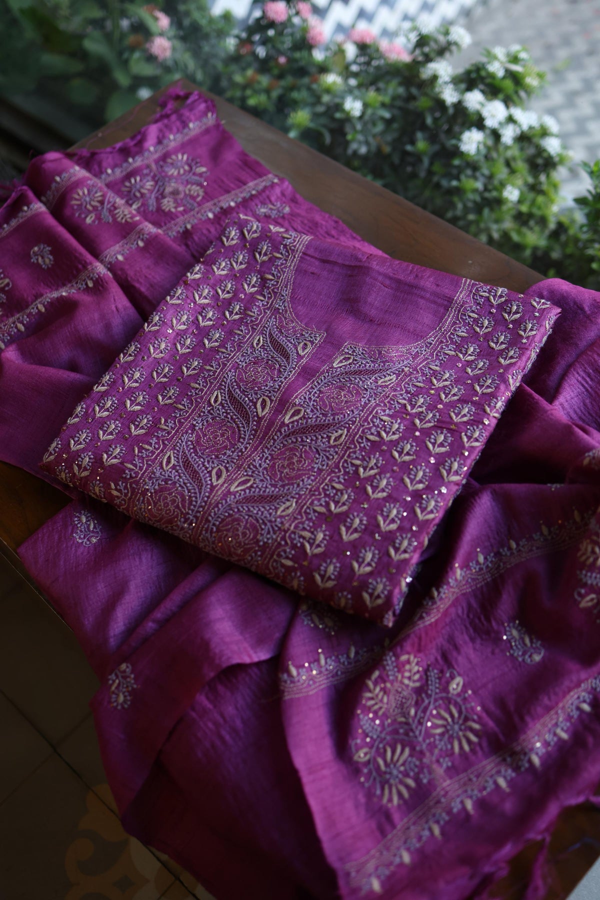 Plum Shade Tussar Silk Chikankari & Mukaish Kamdani Unstitched Kurta Dupatta Set