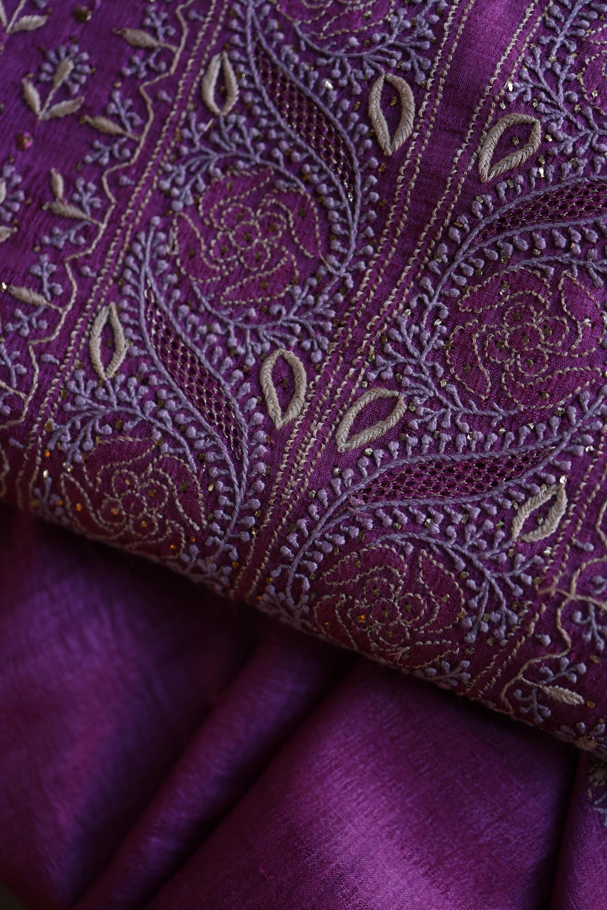 Plum Shade Tussar Silk Chikankari & Mukaish Kamdani Unstitched Kurta Dupatta Set