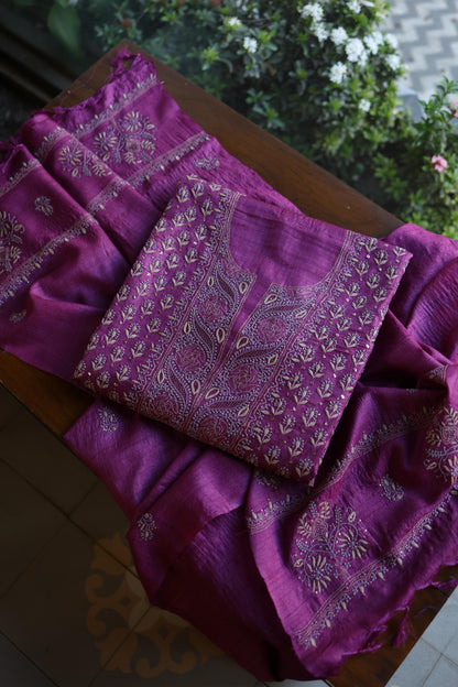 Plum Shade Tussar Silk Chikankari & Mukaish Kamdani Unstitched Kurta Dupatta Set