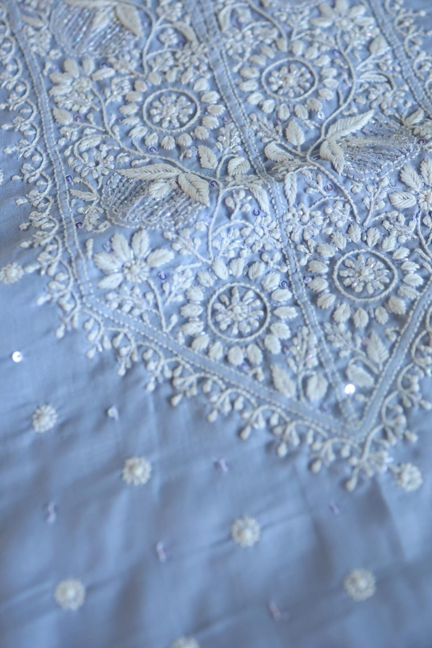 Powder Blue Cotton Chikankari Unstitched Kurta Fabrics