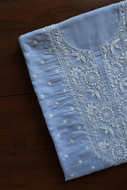 Powder Blue Cotton Chikankari Unstitched Kurta Fabrics