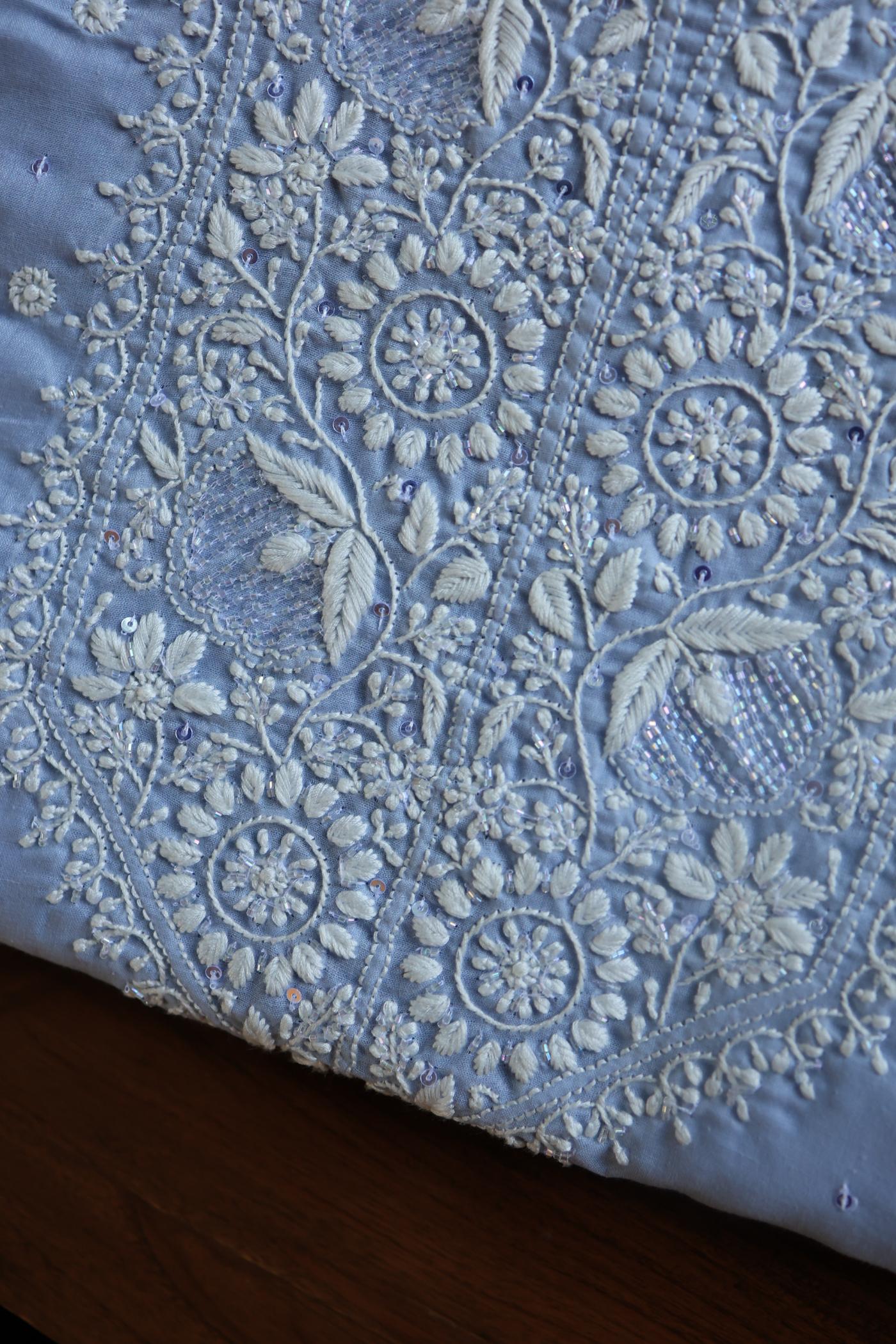 Powder Blue Cotton Chikankari Unstitched Kurta Fabrics