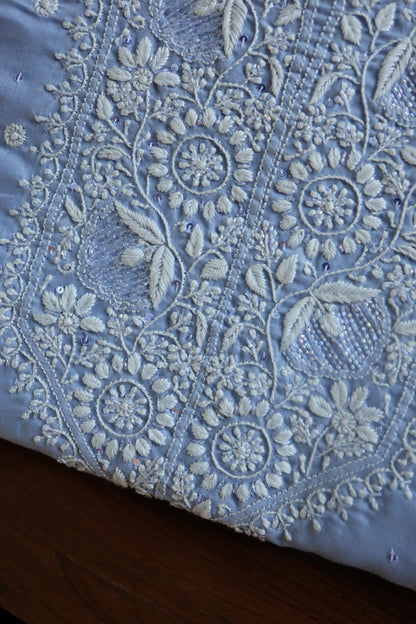 Powder Blue Cotton Chikankari Unstitched Kurta Fabrics