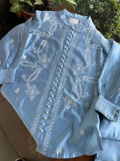 Powder Blue Chanderi Chikankari Co-Ord Set