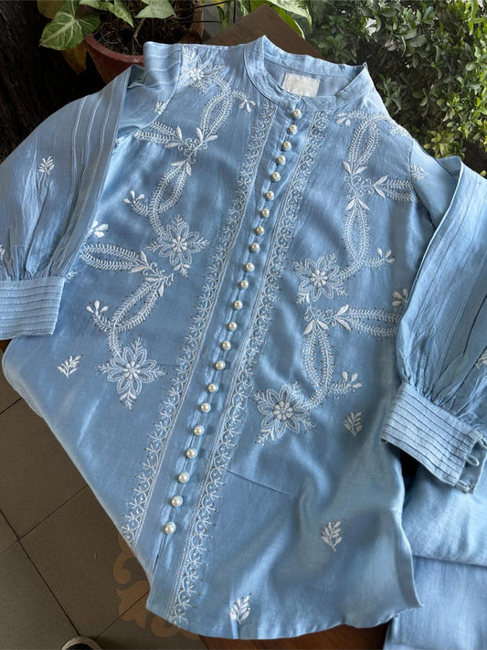 Powder Blue Chanderi Chikankari Co-Ord Set