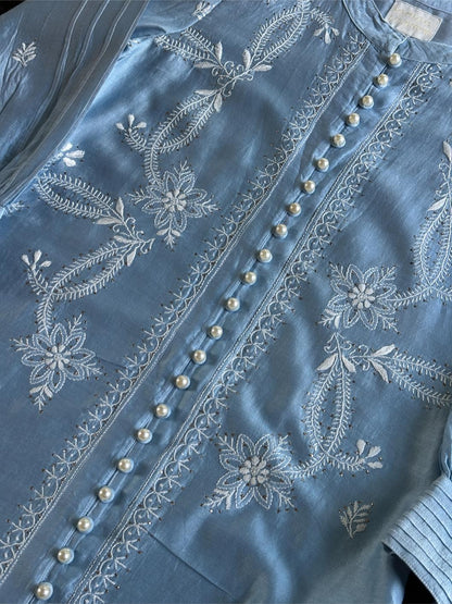 Powder Blue Chanderi Chikankari Co-Ord Set