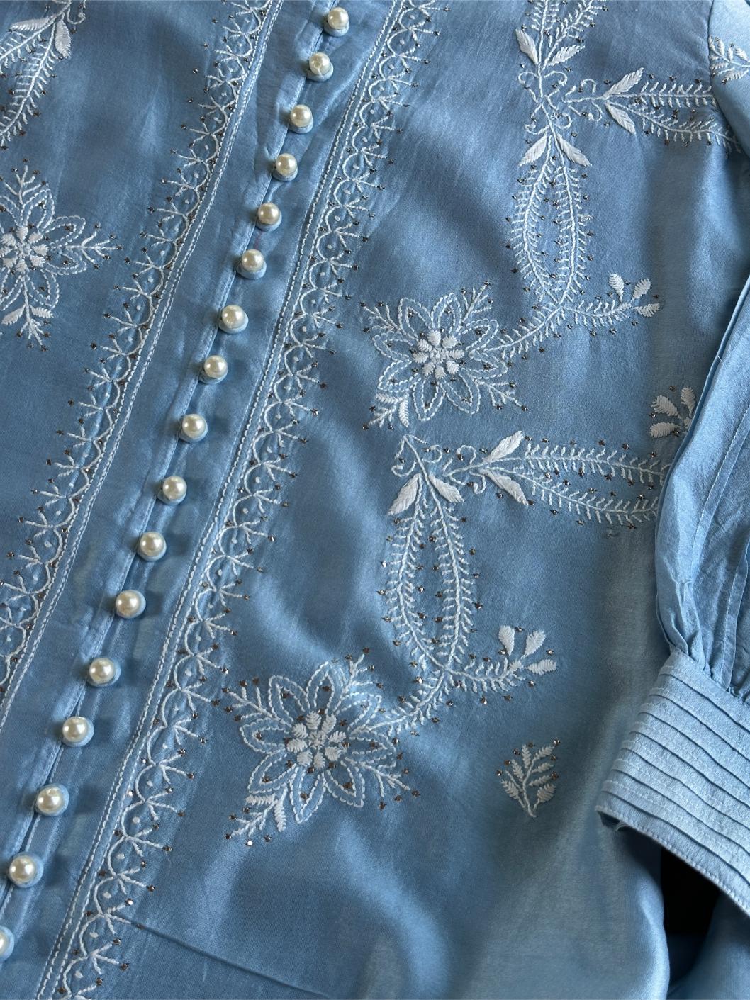 Powder Blue Chanderi Chikankari Co-Ord Set