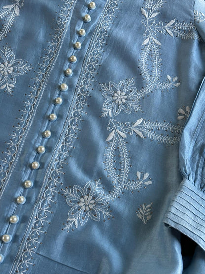 Powder Blue Chanderi Chikankari Co-Ord Set