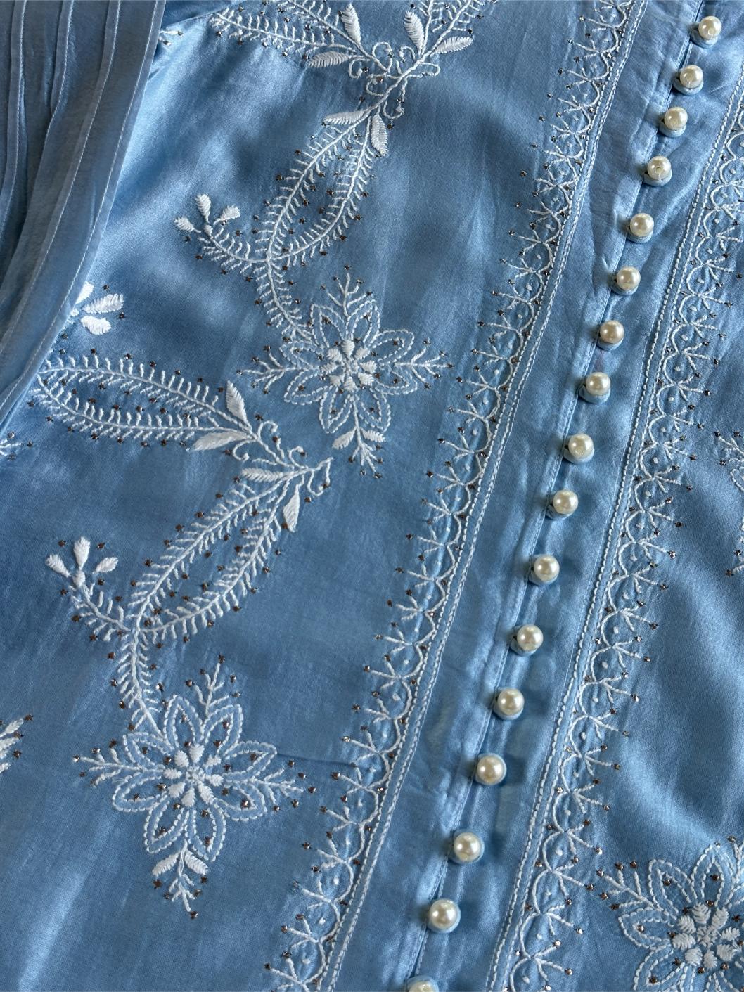 Powder Blue Chanderi Chikankari Co-Ord Set