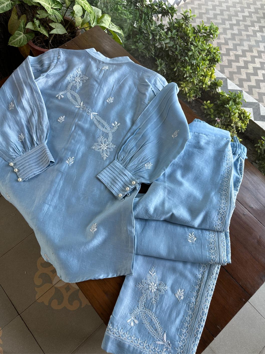 Powder Blue Chanderi Chikankari Co-Ord Set