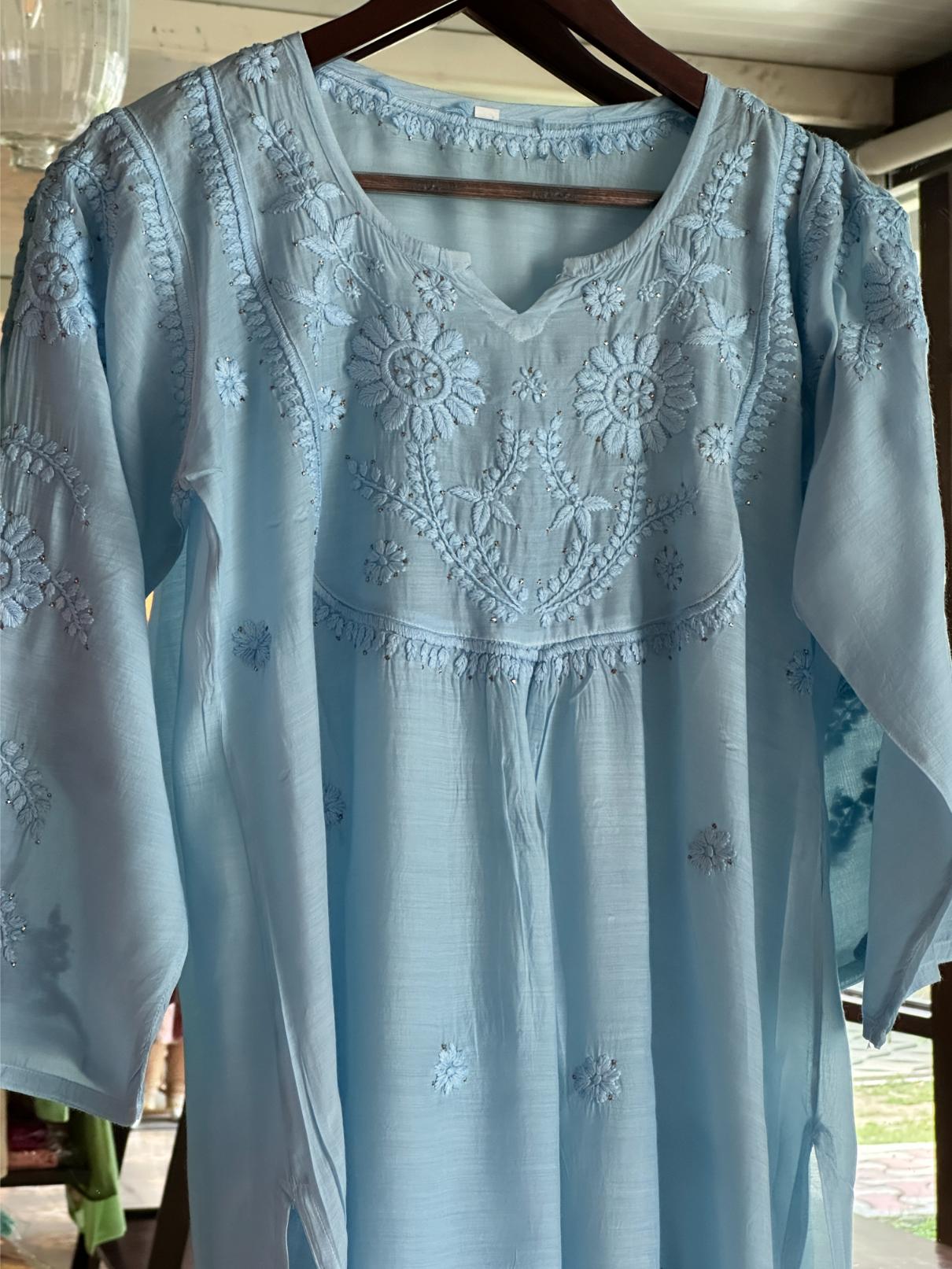 Powder Blue Chanderi Mukaish Kamdani Short Kurti