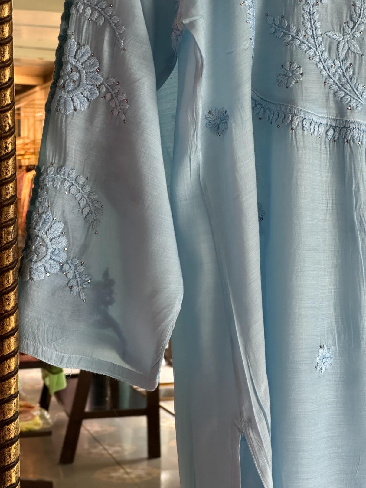 Powder Blue Chanderi Mukaish Kamdani Short Kurti
