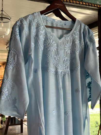 Powder Blue Chanderi Mukaish Kamdani Short Kurti