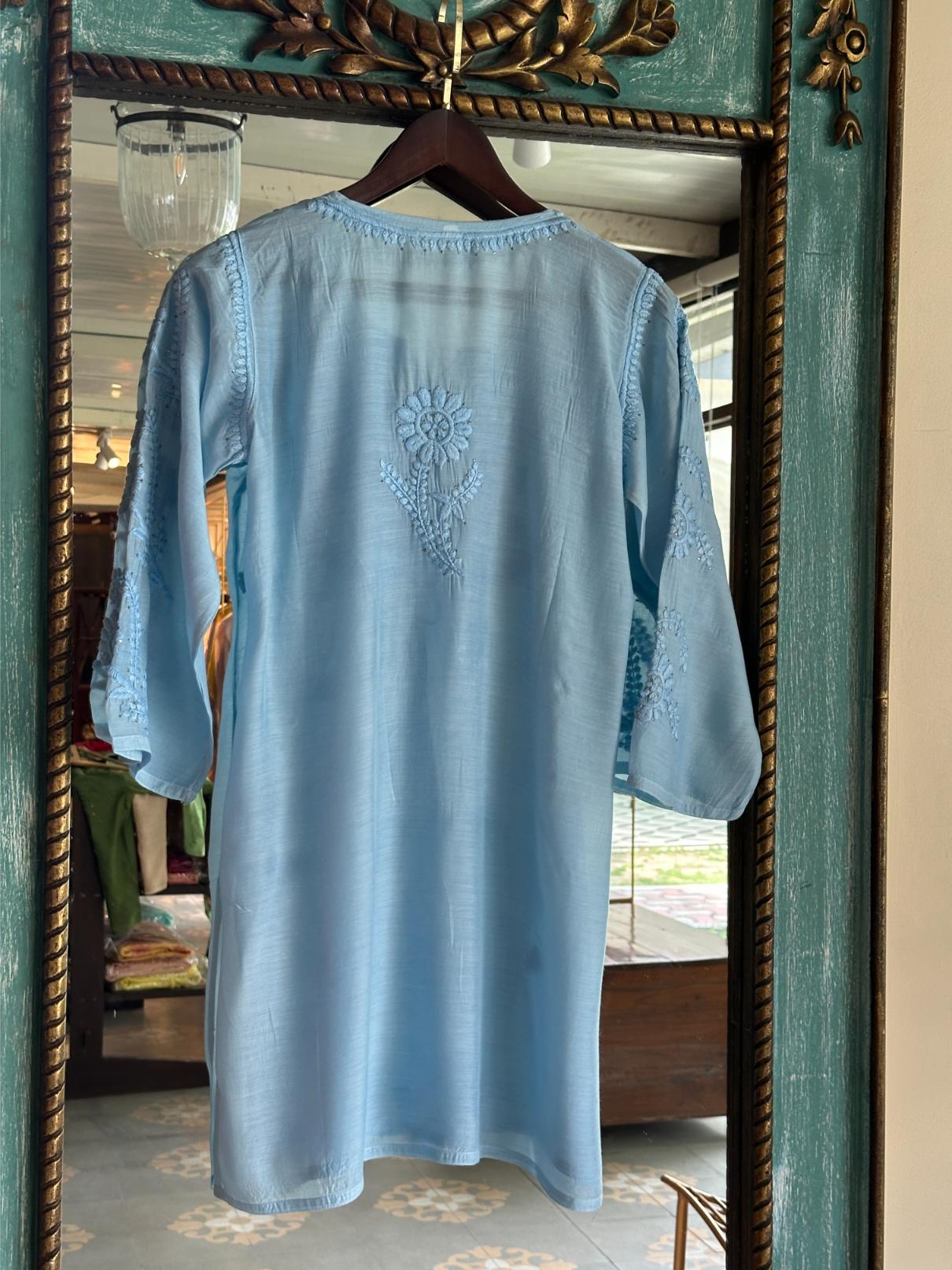 Powder Blue Chanderi Mukaish Kamdani Short Kurti
